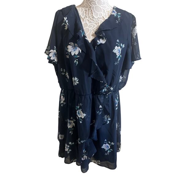 Maurice’s Navy Blue Floral Faux Wrap Dress With Ruffle- Womens Size 1 EUC - Picture 1 of 7